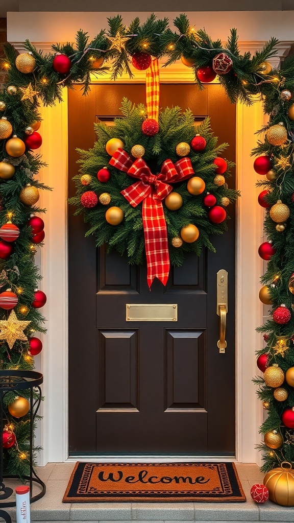 A Christmas door decorated with a wreath, garland, and festive sign.